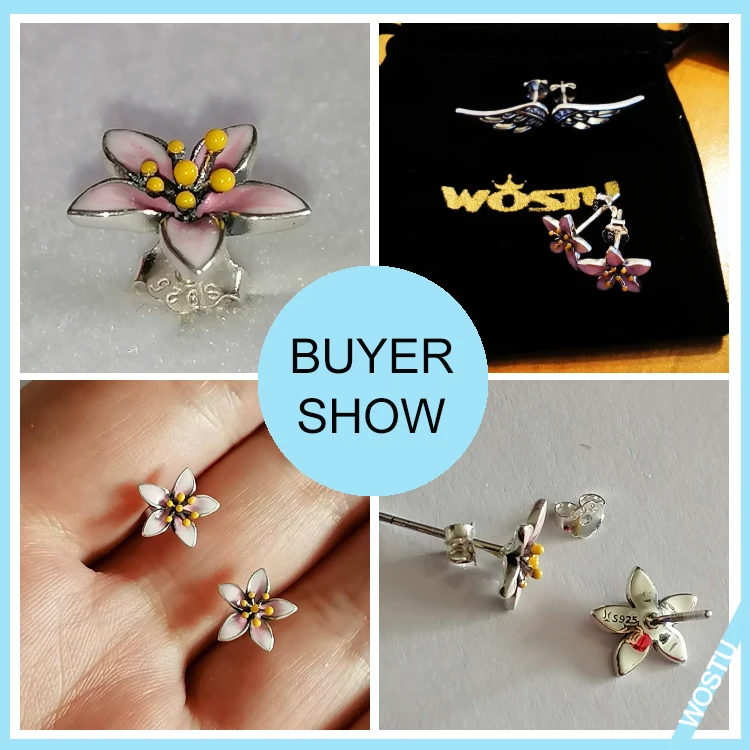 WOSTU 925 Sterling Silver Colorful Pink Cherry Romantic Flower Rose Lotus Elk Stud Earrings For Women Fashion Party Jewelry | Украшения и