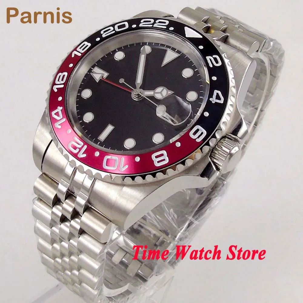 

Parnis 40mm GMT 3804 Automatic men's watch sapphire glass waterproof black sterile dial ceramic bezel luminous Jubilee bracelet