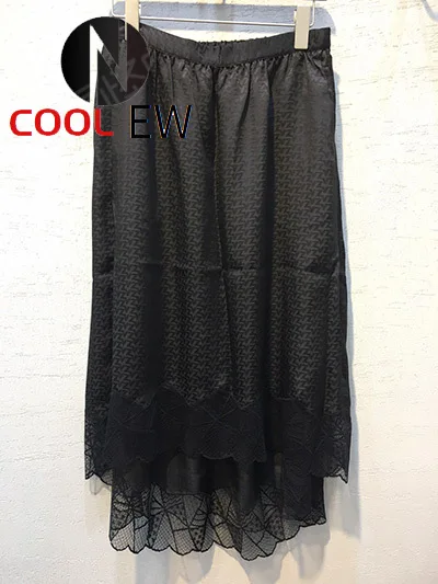 

Ladies Black/Dark Blue Letter Printed Midi Skirt With Hollow Out & Lace Patchwork Detail