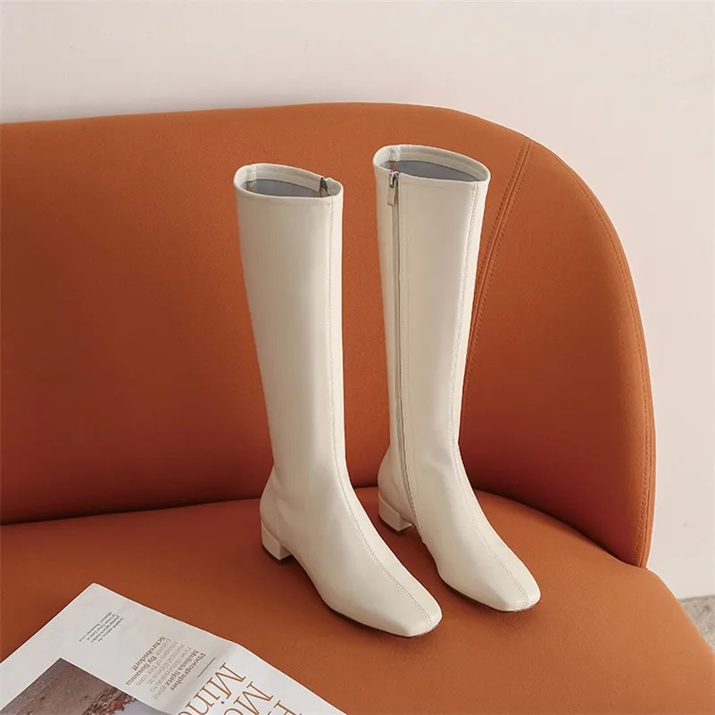 

ANNYMOLI Genuine Leather Mid Heel Knee High Boots Women Riding Boots Shoes Square Toe Zip Thick Heels Long Boots Autumn Winter