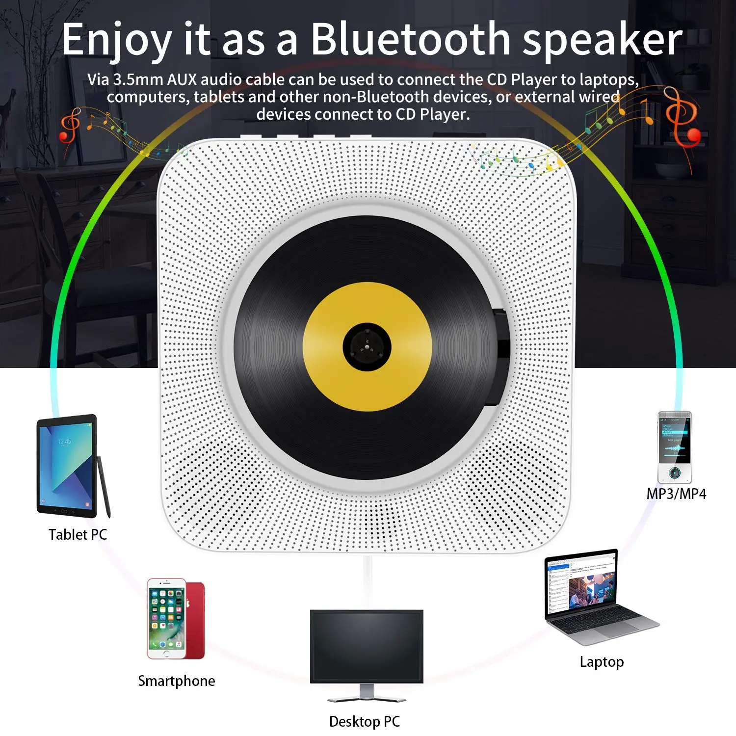 Настенный Bluetooth CD плеер дистанционное управление FM радио встроенный HiFi