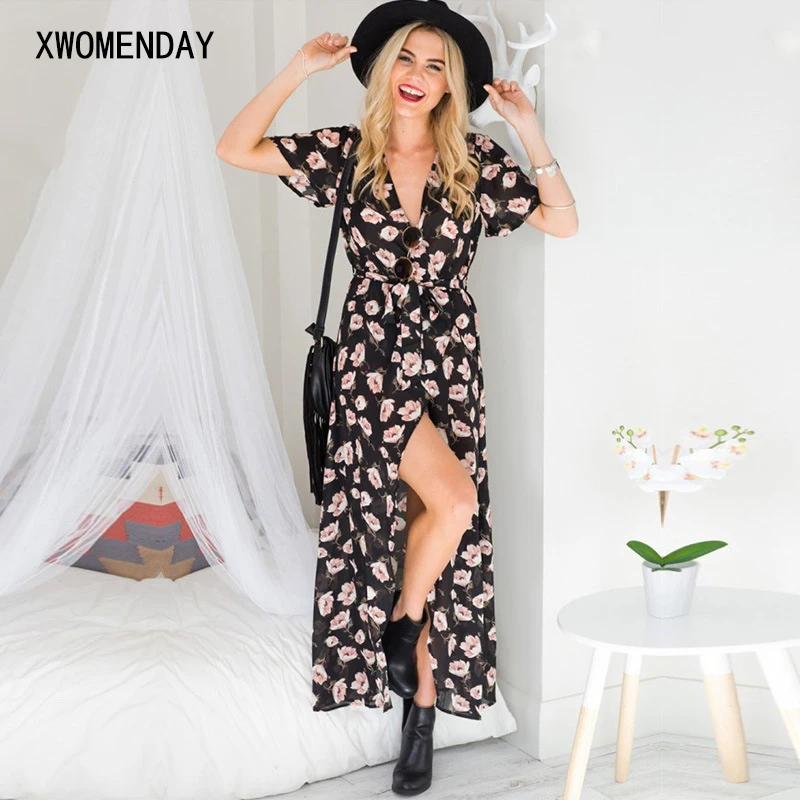 Женское летнее пляжное платье средней длины с цветочным принтом Boho повседневное