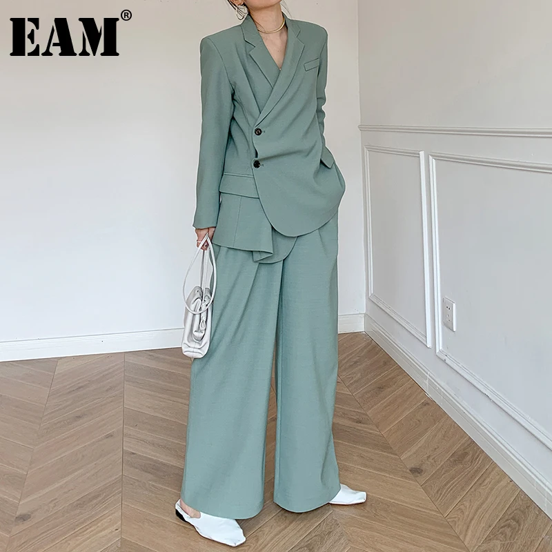

[EAM] Wide Leg Pants Pleated Two Piece Suit New Notched Long Sleeve Loose Fit Women Fashion Tide Spring Autumn 2022 1DD5351