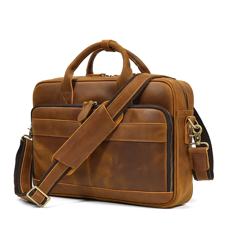 Genuine Leather Men's Briefcase Retro Crazy Horse Leather Handbag Men Shoulder Messenger Bag 15