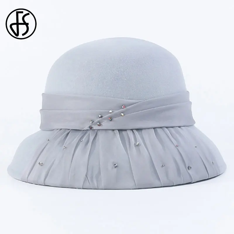 Женская винтажная шляпка Колокол FS шерстяная котелок с широкими полями черного