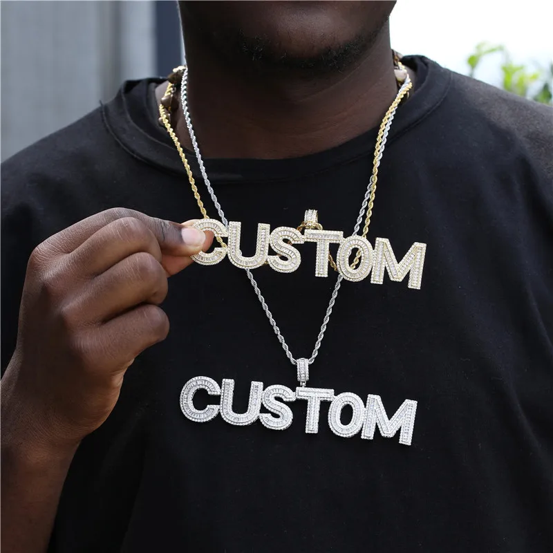 

Hip Hop Custom Name Baguette Cubic Zircon Iced Out Letters Personized Pendants Necklaces Customized Men Rope Chain Jewelry