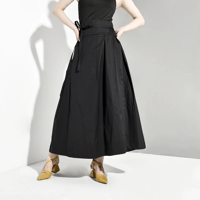 [EAM] High Waist Black Bandage False Two Spliced Loose Half-body Skirt Black Women Fashion Tide New Spring Autumn JR4780