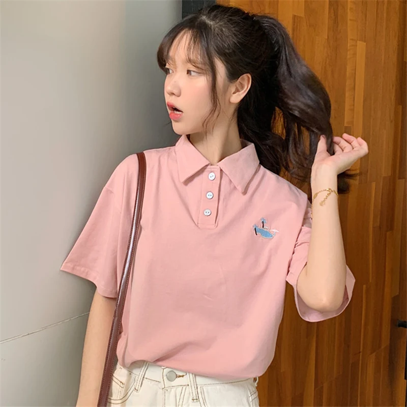 

Japanese Lapel Polo Shirt Short Sleeve T-shirt Women's Loose Korean Style Ins Harajuku Style Fried Street Chic Hong Kong Style
