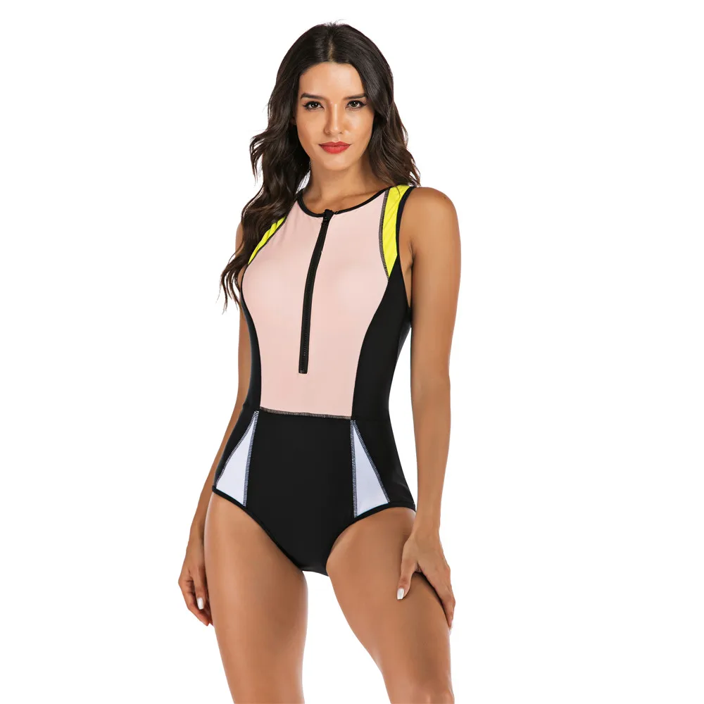 

Sleeveless Rash Guard Women Zipper One Piece Swimsuit Plus Size Print Swimwear Push Up Swim Suit High Neck Monokini Black Surf