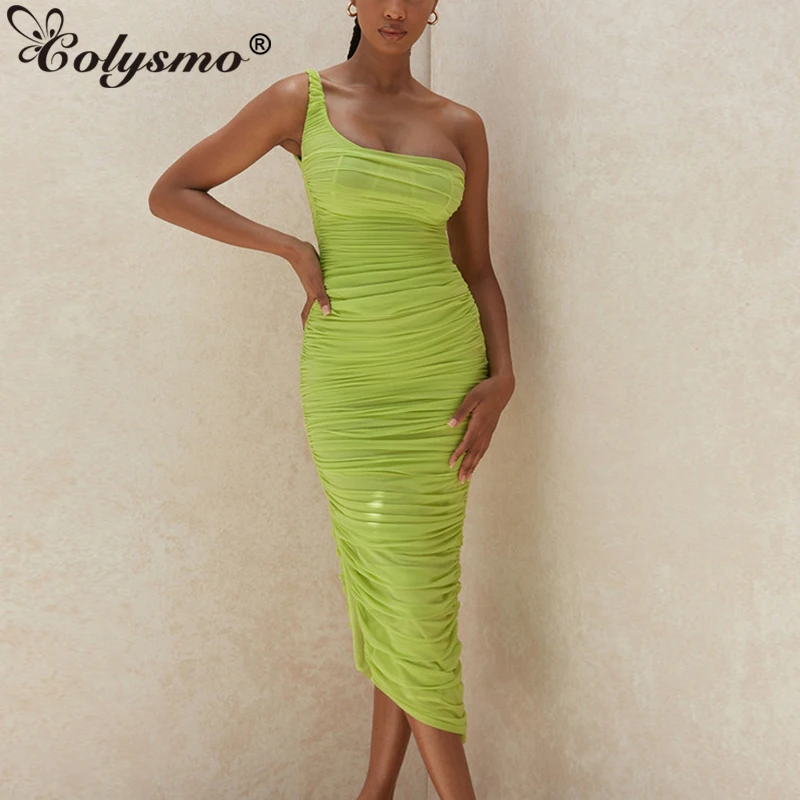 

Colysmo Double Layers Mesh Dresses Summer One Shoulder Bodycon Sexy Dress Ladies Green Midi Split Hem Elegant Party Long Dress