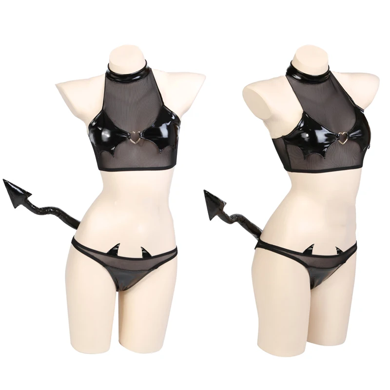 

Gothic Girl Dark Devil PU Leather Bikini With Tail Anime Cosplay Pajamas Unifrom Sexy Women Mesh Black Lingerie Set Sleepwear