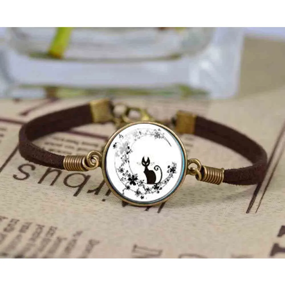 

Fashion Jewelry Bracelet steel plated Bracelets Cute Black Cat In Flower Round Cabochon Bangle for Women gift