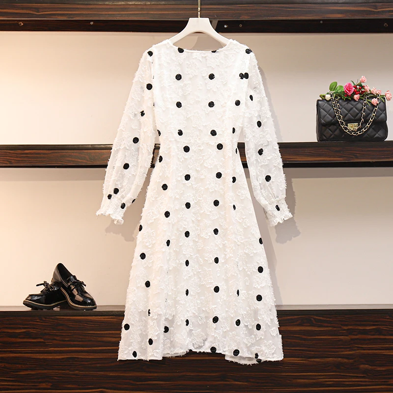 

5XL Plus Size Women White Polka Dot Dresses Spring 2021 Korean Fashion V-neck Long Sleeve Flocking Lace Loose Casual Shirt Dress