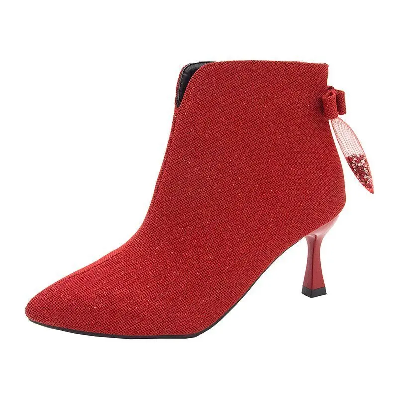 

Sexy Pointed Toe Women's Ankle Boots 2021 Solid Color Women High Heel Shoes Stiletto Bowknot Wedding Dress Boots Zapato Mujer