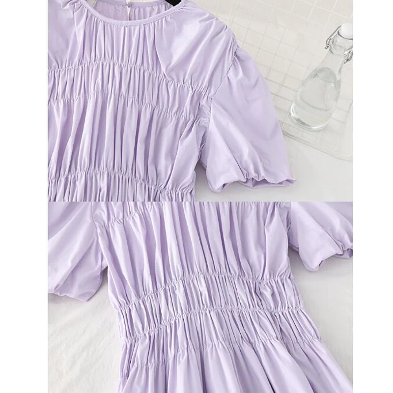 

2020 Summer Short-sleeved Purple Dress Women O-neck Elastic Waist Solid color Elegant Midi Dress Female Folds A-line Vestidos