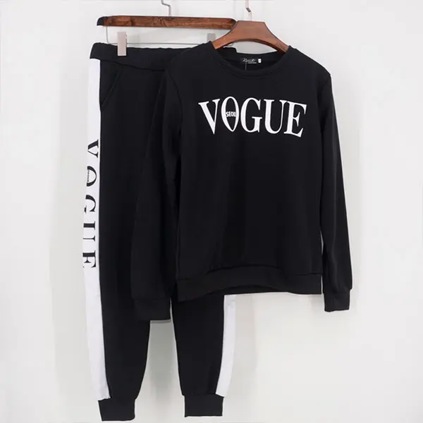 2 piece outfits for women sweatsuits set VOGUE Letter Printed 0-Neck Sweatshirt + Patchwork Long Pant Piece Set | Женская одежда