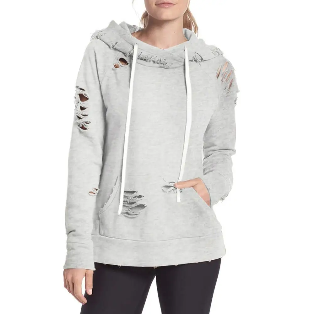 Женская Повседневная одноцветная толстовка с капюшоном рваные толстовки