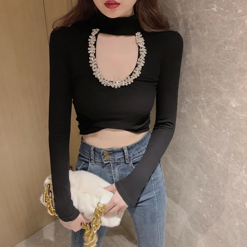 

Sexy T Shirts for Women Turtleneck Hollow Out Tops Design Rhinestone Slim Base Long Sleeve Elegant Lady Crop Tops Fashion Summer