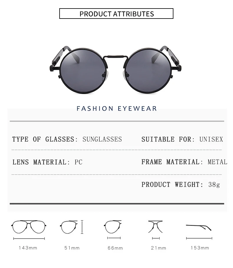 

Retro Round Sunglasses Men Women Brand Designer Punk Style Windproof Metal Frame Vintage Sun Glasses