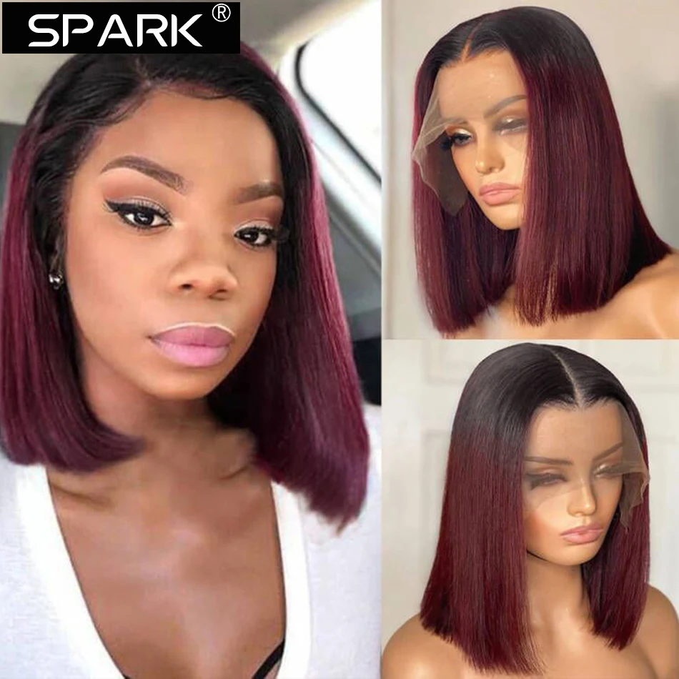 Ombre Burgundy Human Hair Bob Wigs For Black Women T Part Lace Closure Wigs 1B-99J Long Straight Bob Brazilian Hair Wig Allure