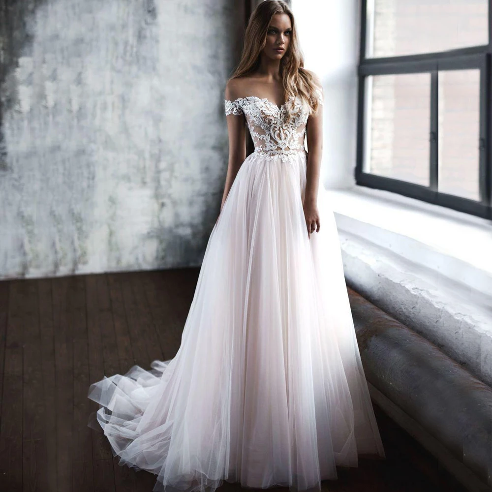 

Miaoduo 2021 A Line Boho Wedding Dresses Off Shoulder Tulle Beach Wedding Gowns vestidos Custom de noiva Long Train trouwkleed