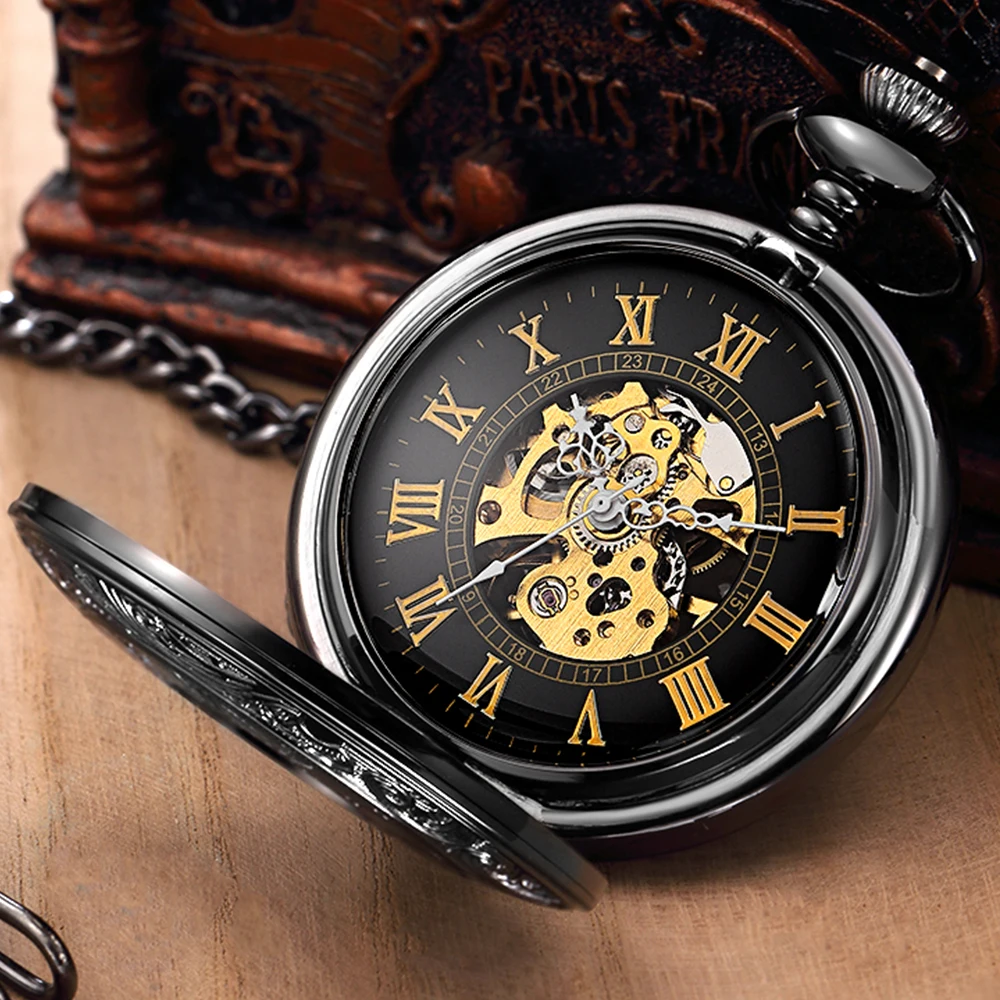Vintage Mechanical Pocket Watch Set Luxury Pendant Watches for Men Pendant Clock Necklace Chain Pouch Bag reloj de bolsillo