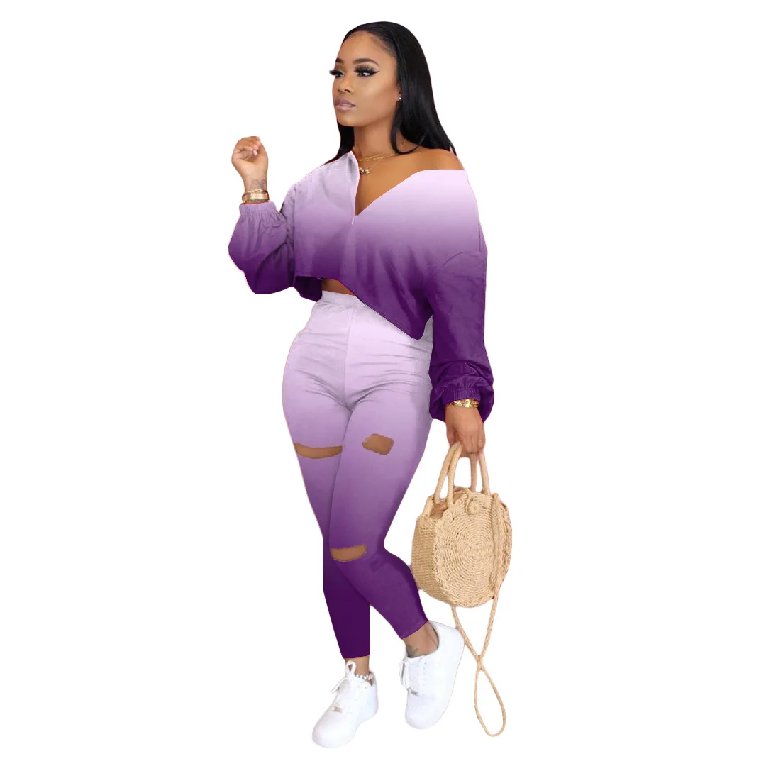 

Gradient Color Casual 2 Piece Sweatsuits Women Clothing Deep V Neck Long Sleeve Crop Top Hollow Hole Skinny Pant Lounge Wear Set