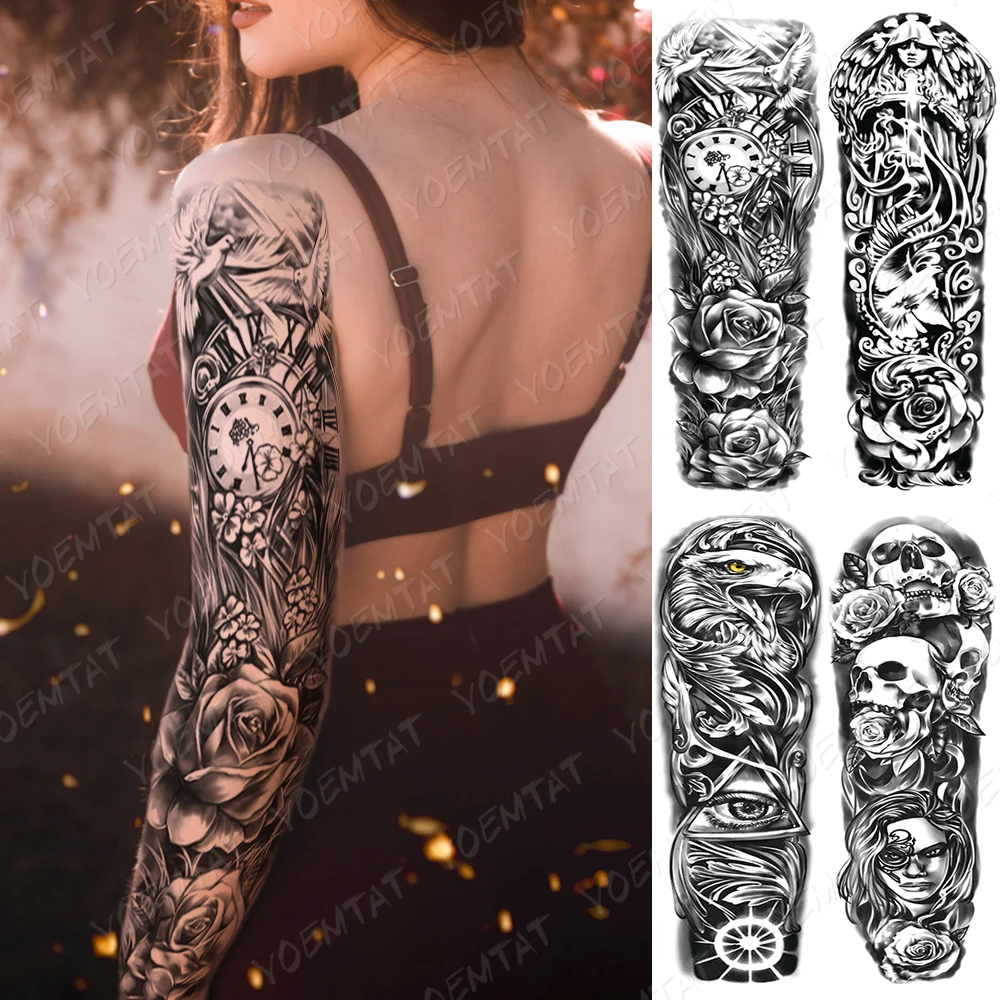 

Waterproof Temporary Full Arm Tattoo Stickers Nun Cross Rose Clock Eye Skull Flash Tattoos Woman Body Art Fake Sleeve Tatto Men