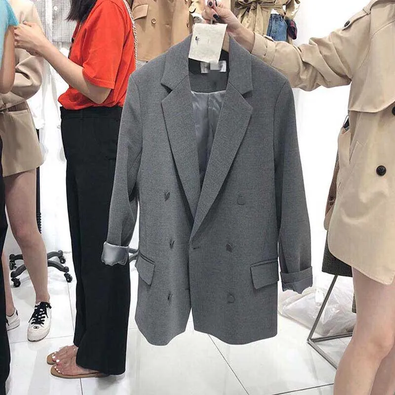 Женский двубортный Блейзер однотонная одежда из хлопка и полиэстера с длинными