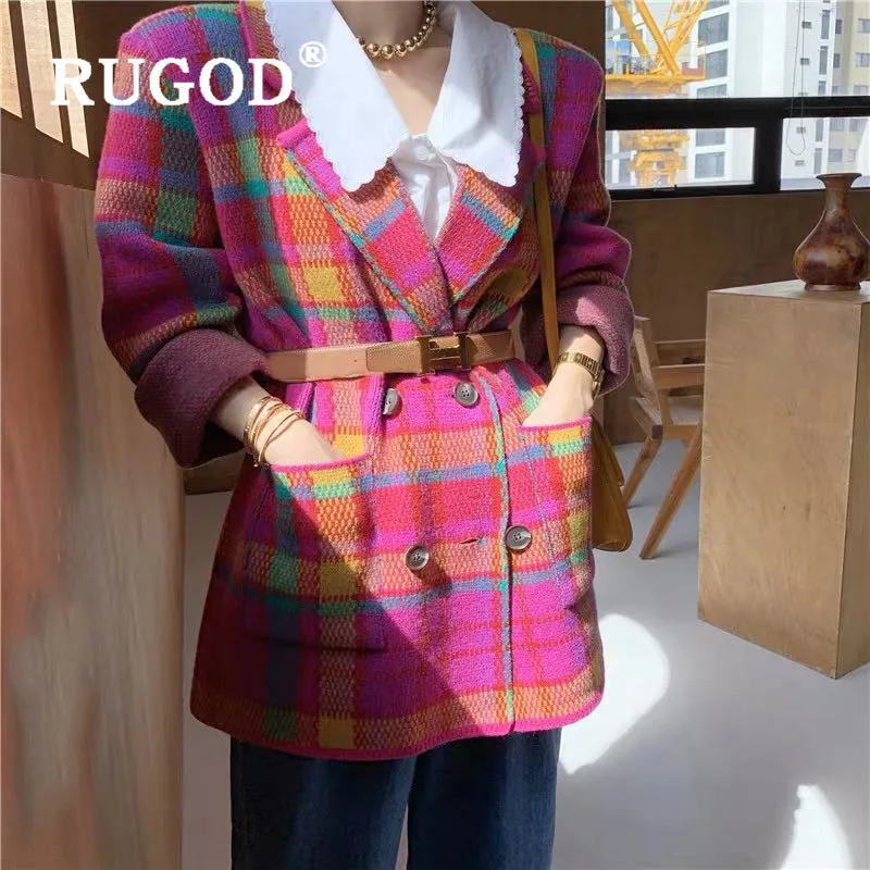 RUGOD Fashion Bright Pink Green Plaid Knit Suit Korean Elegant Notched Collar Belted Vintage Jacket Autumn Winter Women's Suits