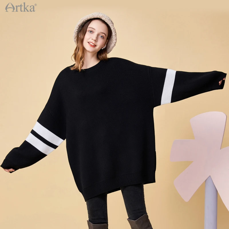 ARTKA 2020 Winter New Women Sweater Fashion Loose Wool Knitted Black Sweater Soft O-Neck Pullover Long Sweaters Dress YB25007D