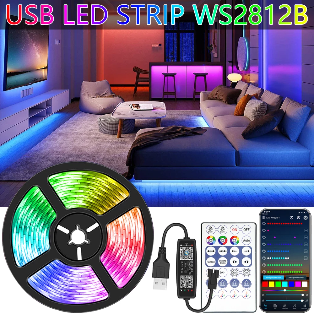 

Светодиодная лента RGBIC WS2812B, RGB 5050, USB, Bluetooth, 5 в пост. Тока, 1-30 м, индивидуально адресуемый гибкий диод для телевизора, компьютера, спальни