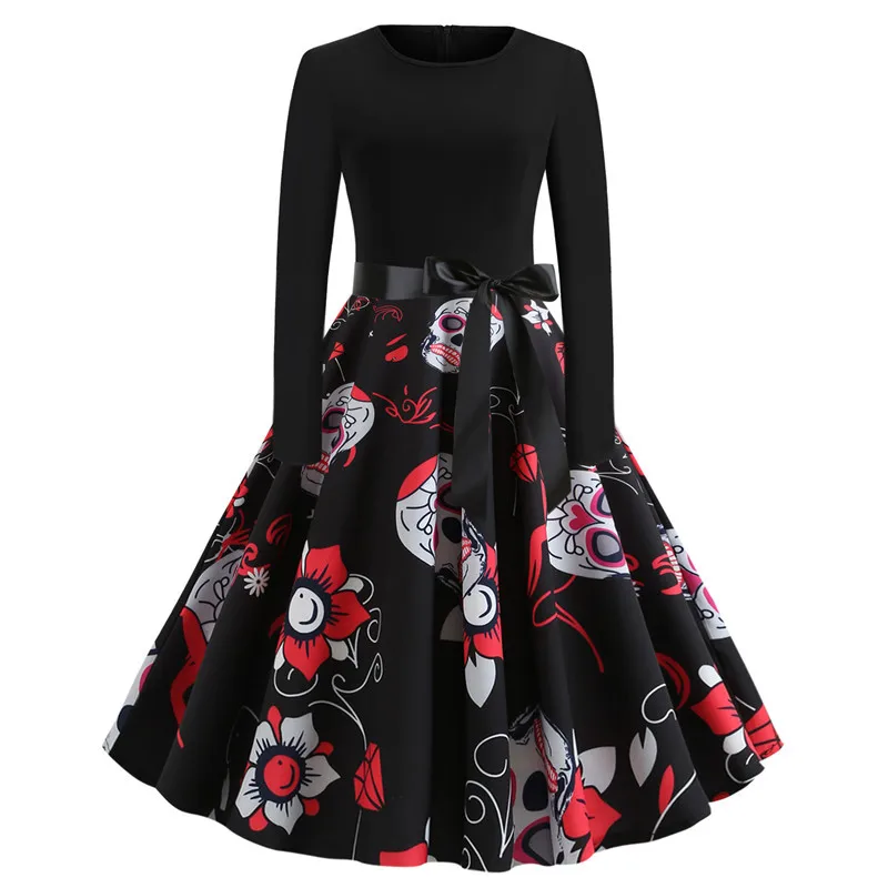 Вечерние платья на Хэллоуин с принтом черепа тыквы головы летучей мыши круглым