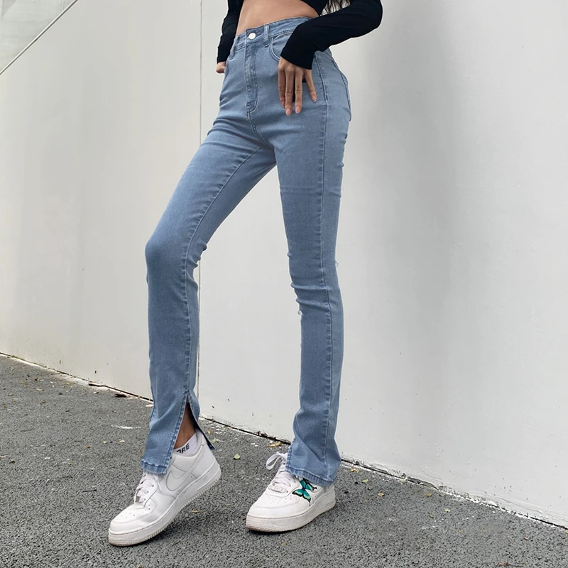 2023 Spring and Autumn Chic High Waist Blue Denim Pants Small Split Slim Thin Flared Jeans Casual Pencil Tight Skinny Trousers