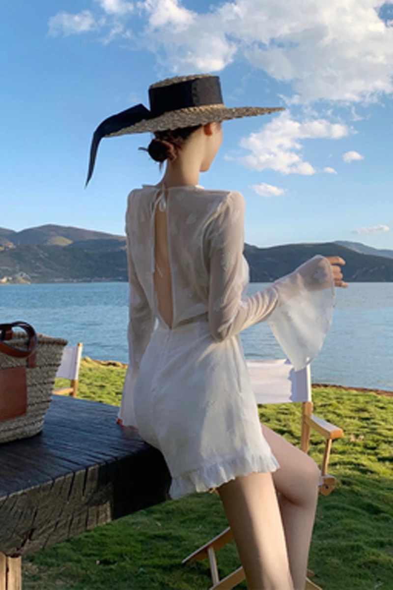 

Travel clothes women's super fairy White Chiffon Jumpsuit high waist slim open back Beach Resort skirt