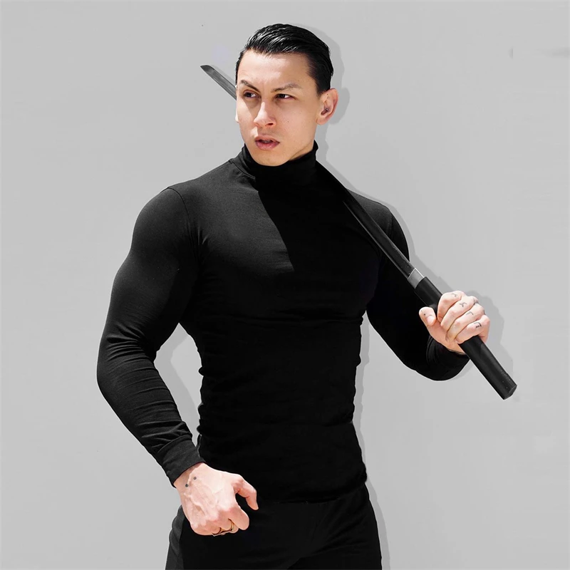 Мужская трикотажная водолазка облегающая эластичная футболка с длинным рукавом