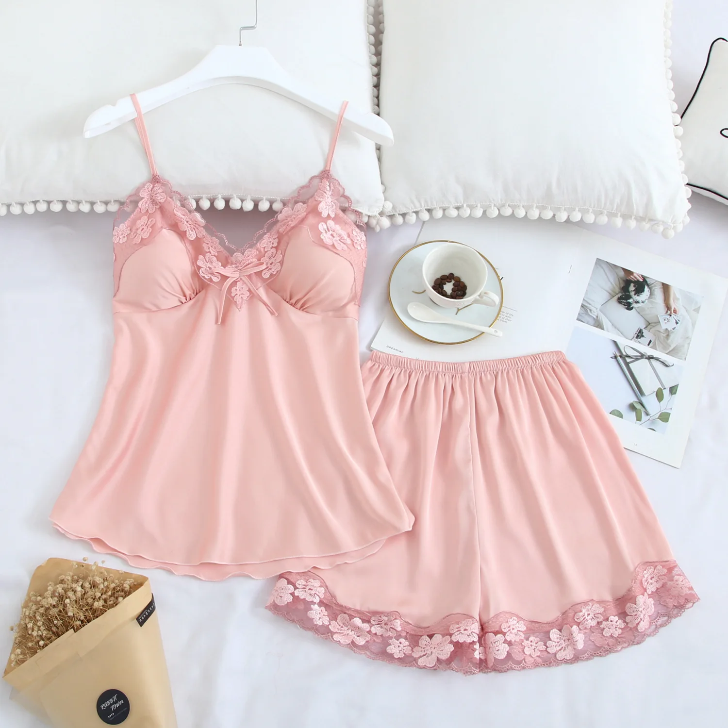 

Sexy Lace V-Neck Lady Nightgown 2PCS Pajamas Sets Summer Rayon Pyjamas Suit Sleepwear Lingerie Lounge Nightwear Home Clothes
