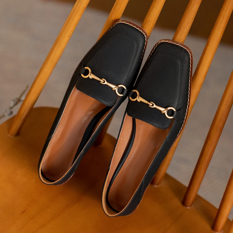 

Women's genuine leather thick med heels square toe slip-on pumps metal buckle OL style casual soft comfortable loafers shoes hot