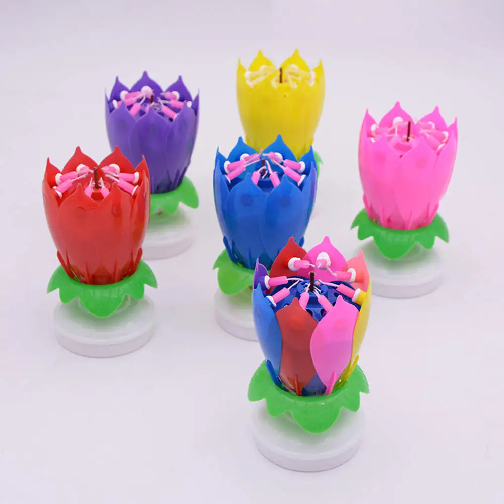 

Magic Cake Birthday Lotus Flower Candle Blossom Musical Rotating Decoration Gift Double Lotus Candles Plastic And Wax