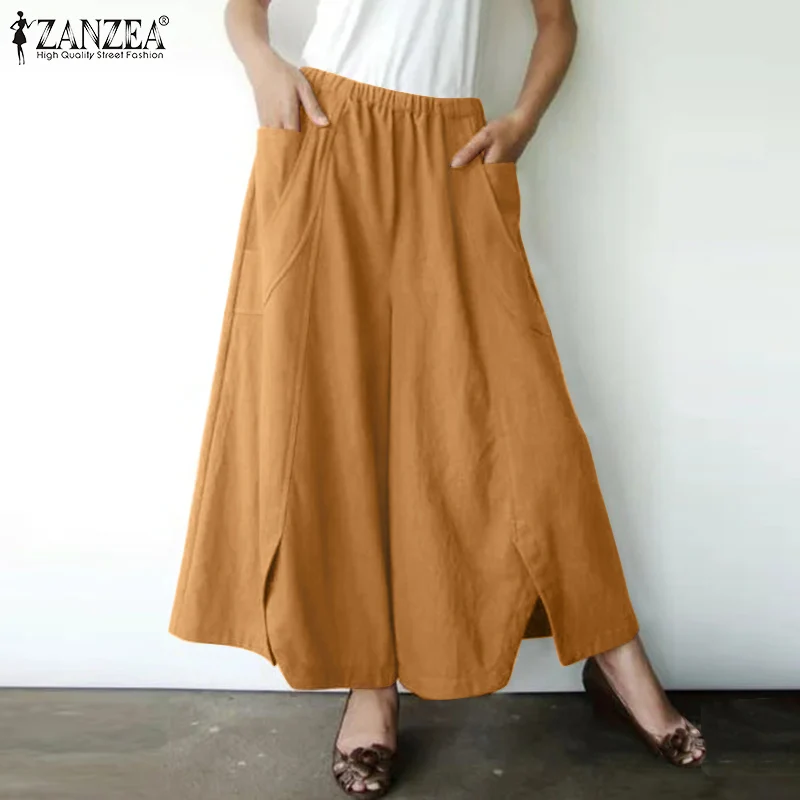 

ZANZEA 2022 Elegant Spring Pants Women's Wide Leg Trousers Elastic Waist Long Pantalon Palazzo Asymmetrical Turnip
