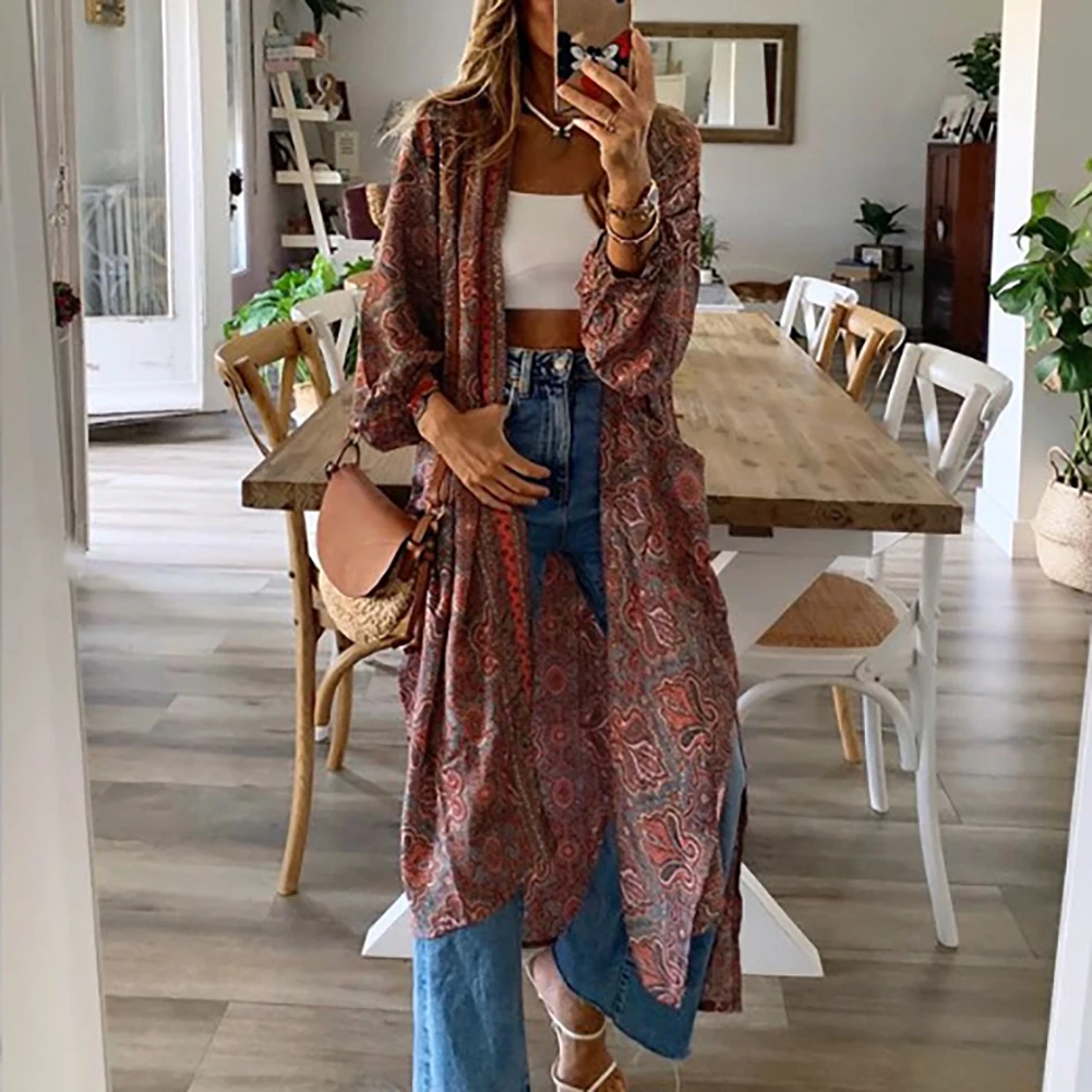 Женский длинный кардиган с цветочным принтом и рукавом 3/4 | Женская одежда
