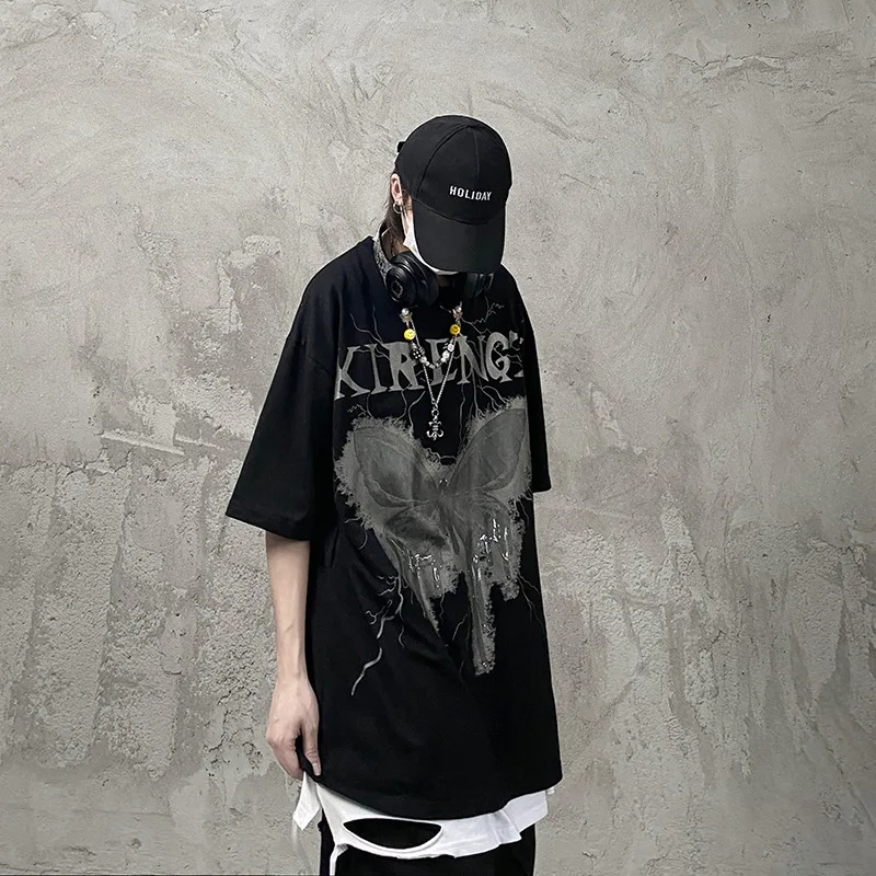 

Summer new men's high street style short-sleeved design sense lightning butterfly print street loose couple half-sleeved t-shirt