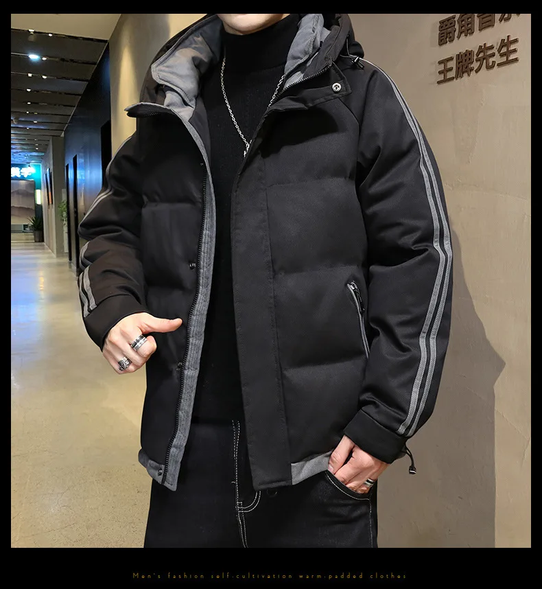 

Casual Men's Parka Hooded Stripe Decor Thicken Outdoor Climbing Wind-proof Warm Casual Fashion Male Korean Cotton Coat