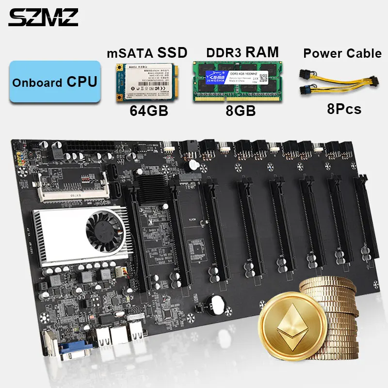 Bestellen SZMZ Bergbau Rig Motherboard Eth Combo 8 GPU Mit Onboard-CPU + 64GB MSTATA SSD + 8GB DDR3 RAM Unterstützung PCI X16 Crypto Etherum