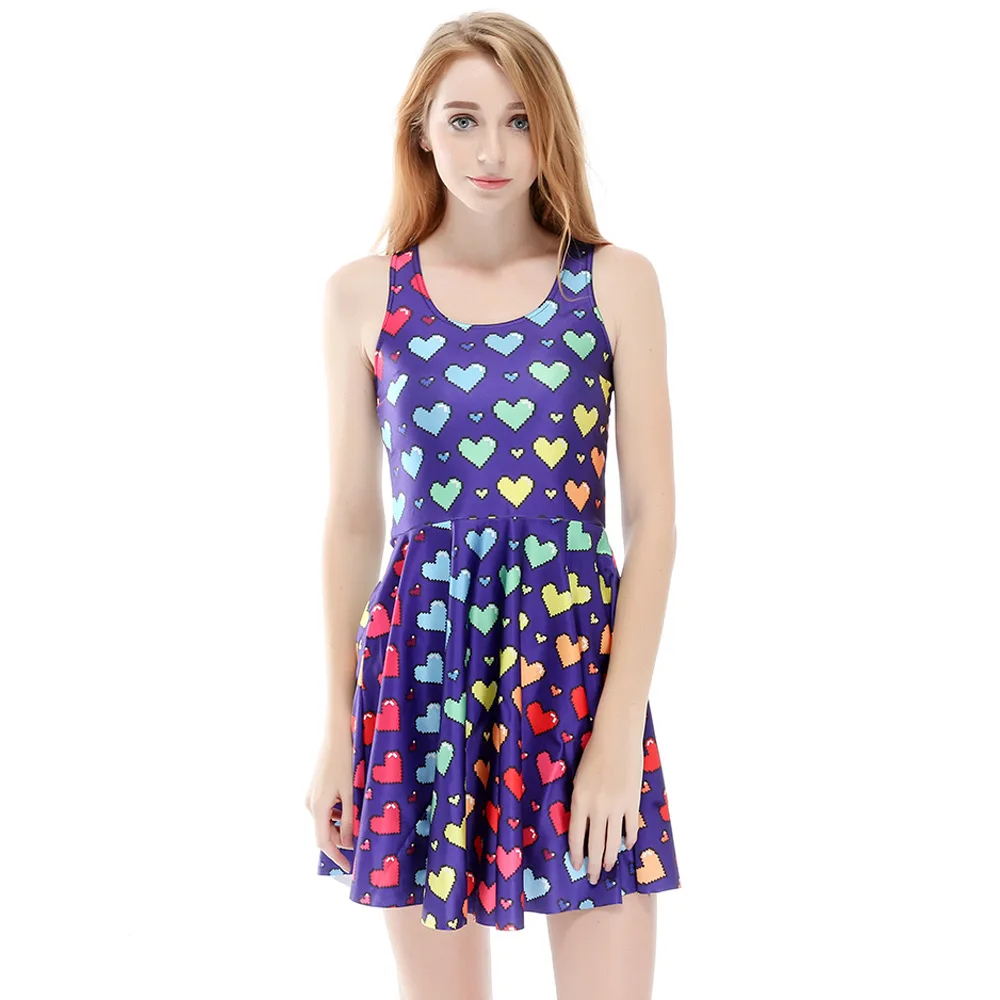 Синий фон Красочные Любовь Цифровая печать плиссированная юбка-Зонтик Горячая |