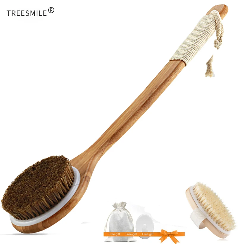 TREESMILE отшелушивающая деревянная массаж тела душ щетка натуральная щетка для ванны из натуральной щетины SPA женщина мужчина уход за кожей сухая щетка для тела D40