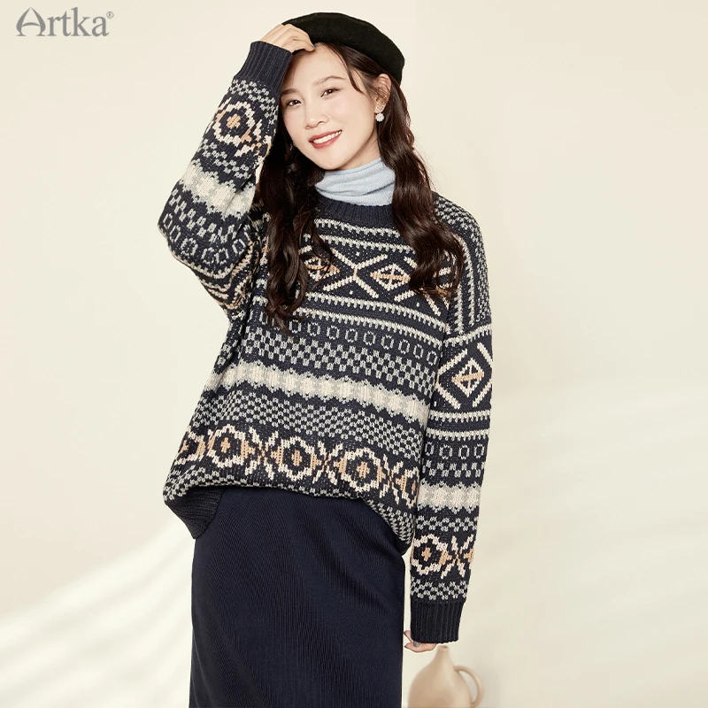 

ARTKA 2020 Winter New Women Sweater Elegant 3 Colors Soft Knitted Sweater O-Neck Pullover Loose Thicken Warm Knitwear YB28006D