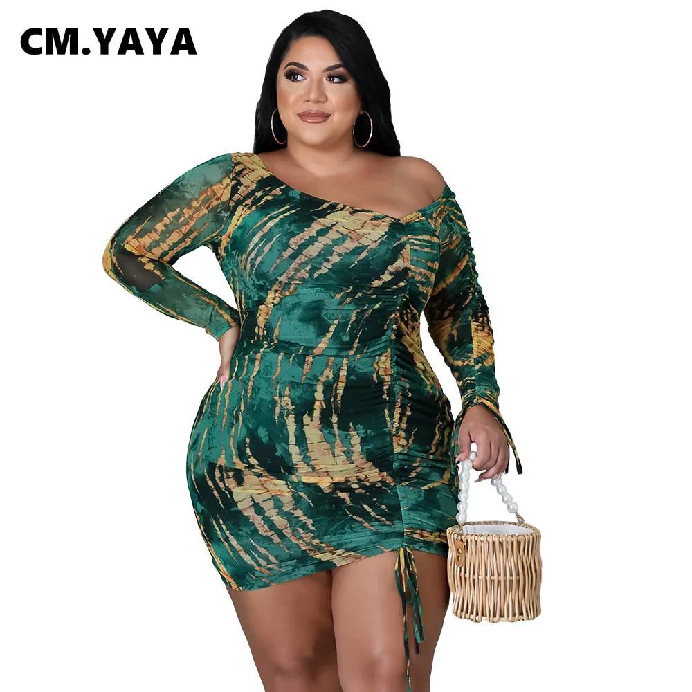 

Женское платье с принтом CM.YAYA, большие размеры, облегающие платья с косым воротником, Сексуальные вечерние платья для ночного клуба, модная ...