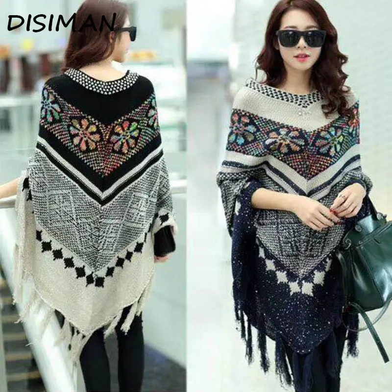 Осень зима свитер пончо с кисточками Женский вязанный большим треугольным