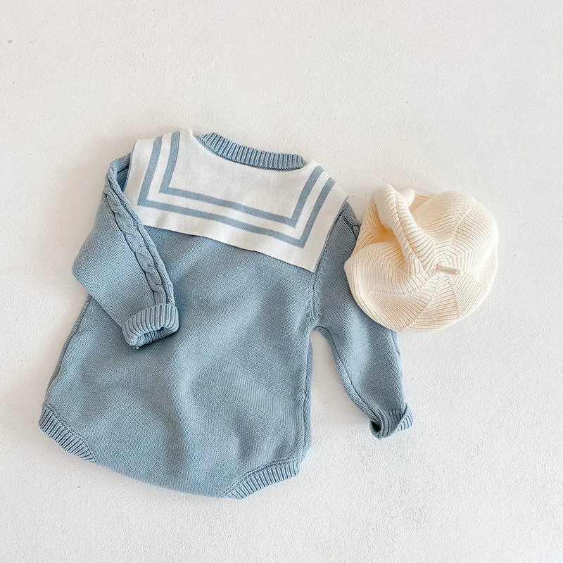 2021 nuevo oto&ntilde;o Body para beb&eacute; de manga larga de cuello marinero de lana azul mono Estilo Dulce reci&eacute;n nacido Ropa E020-4